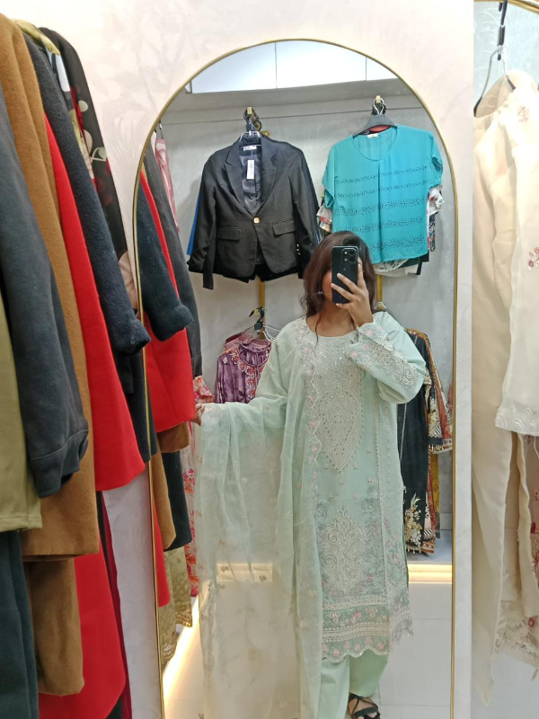 Pakistani Inspired Slub Cotton Dress with Panel & Boaring Work